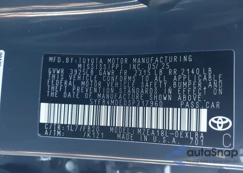 2025 Toyota Corolla Le из США, поврежденный, VIN 5YFB4MDE0SP317960